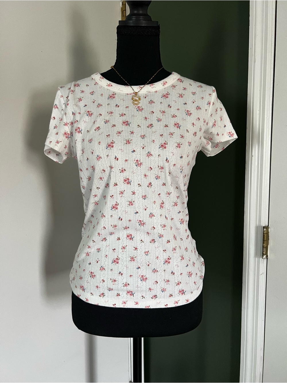 Floral Ribbed Short Sleeve Tee - White with Pink Floral